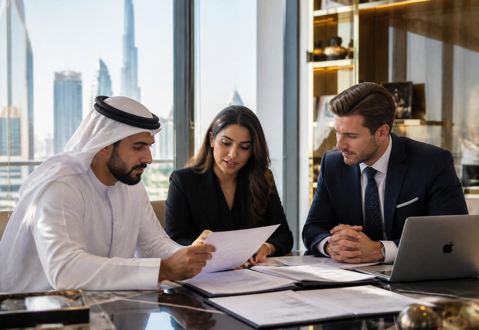 Dubai business consultants reviewing UAE company formation activity documents with founders