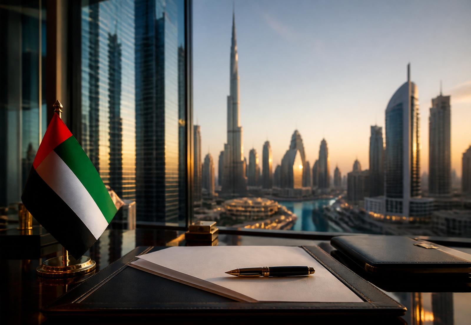UAE flag with premium Dubai business skyline for mainland company formation